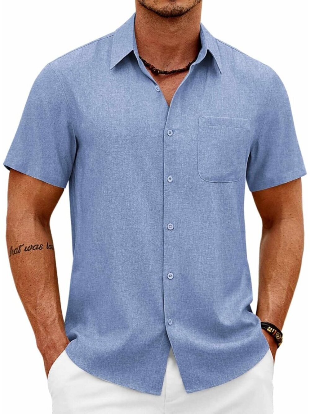 Men's Blue Short Sleeve Casual Summer Beach Linen Button Down Shirts